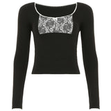 Long sleeve lace hem bowknot round neck top