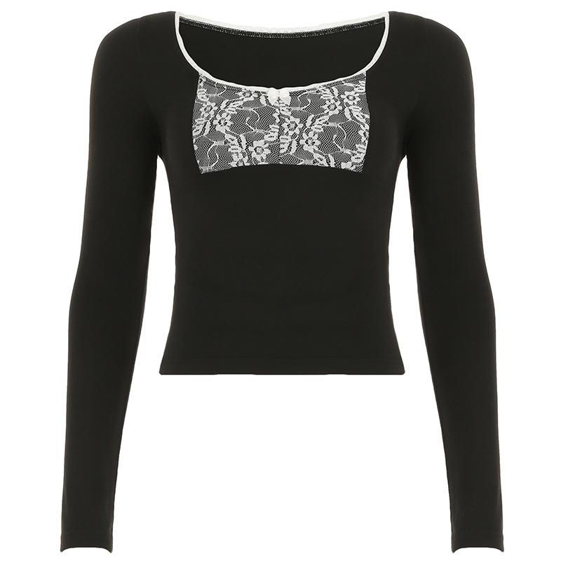 Long sleeve lace hem bowknot round neck top