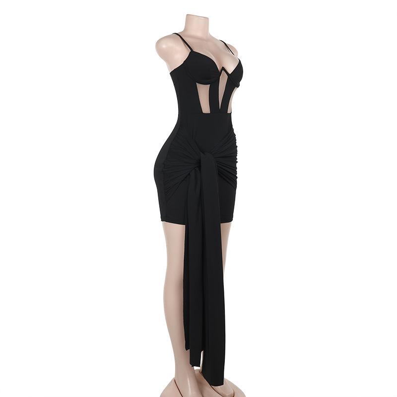 Ruched mesh backless cami mini dress