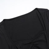Long sleeve hollow out ribbed ruffle v neck mini dress