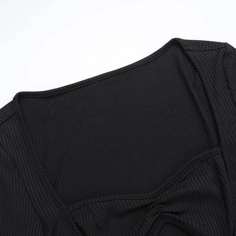 Long sleeve hollow out ribbed ruffle v neck mini dress