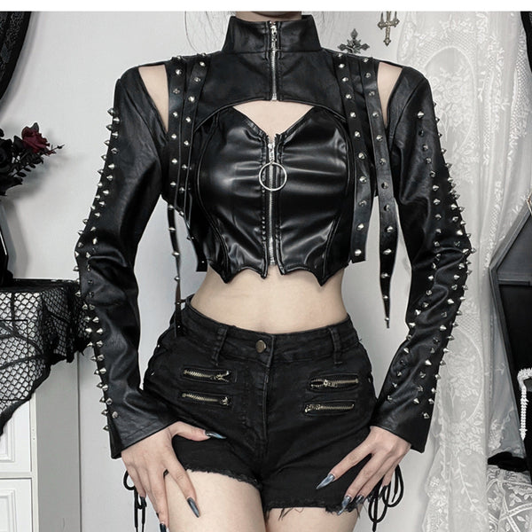 Top de manga larga con cremallera y apliques de remaches de cuero PU, calado 