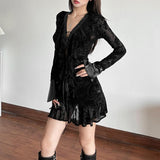 Long sleeve v neck self tie ripple button mini dress