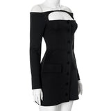 Off shoulder long sleeve button hollow out mini dress
