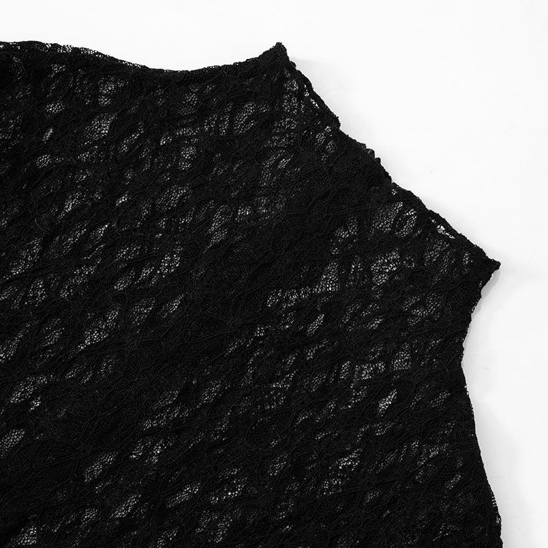 Mono de manga larga con encaje, cuello alto, cremallera y transparencias 