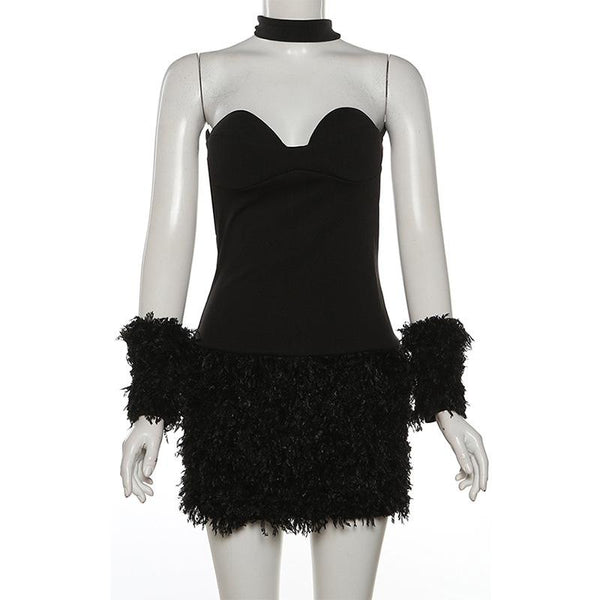 Vestido mini de tubo liso con cuello halter, esponjoso y espalda cruzada 