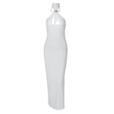 Vestido midi con cuello halter, espalda descubierta y aberturas con lazo 