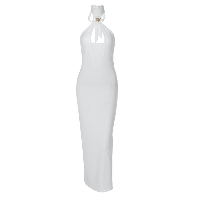 Vestido midi con cuello halter, espalda descubierta y aberturas con lazo 