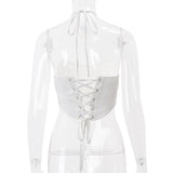 Top de tubo con apliques de flores, cordones y cuentas 