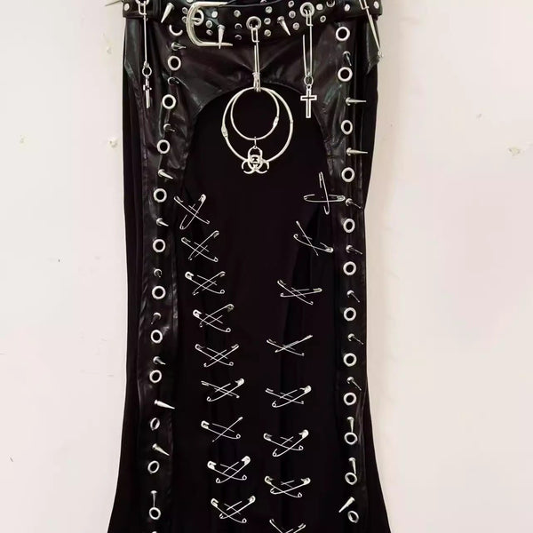Jupe longue unie en cuir PU avec rivets en O 