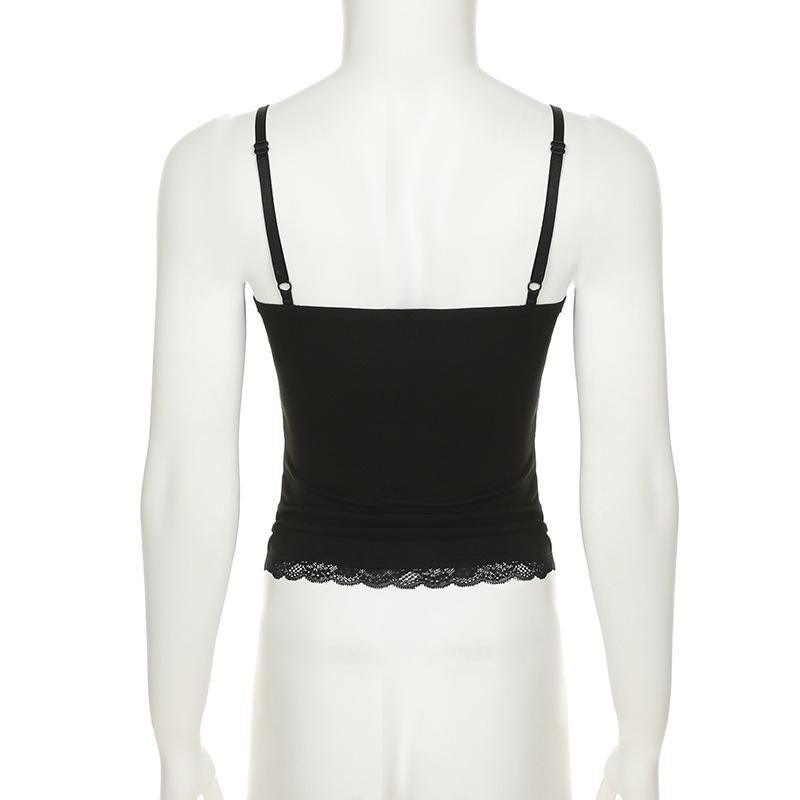 Top camisola sin espalda con apliques de flores y dobladillo de encaje con cuello en V 