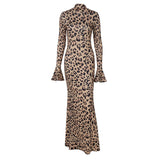 Long flared sleeve leopard print high neck maxi dress