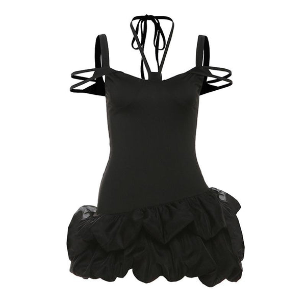 Vestido mini liso fruncido con escote halter y lazo calado 