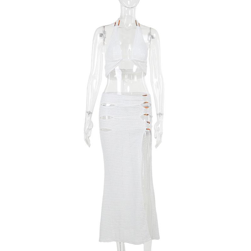 Conjunto de falda midi irregular con cuello halter, abertura y lazo 