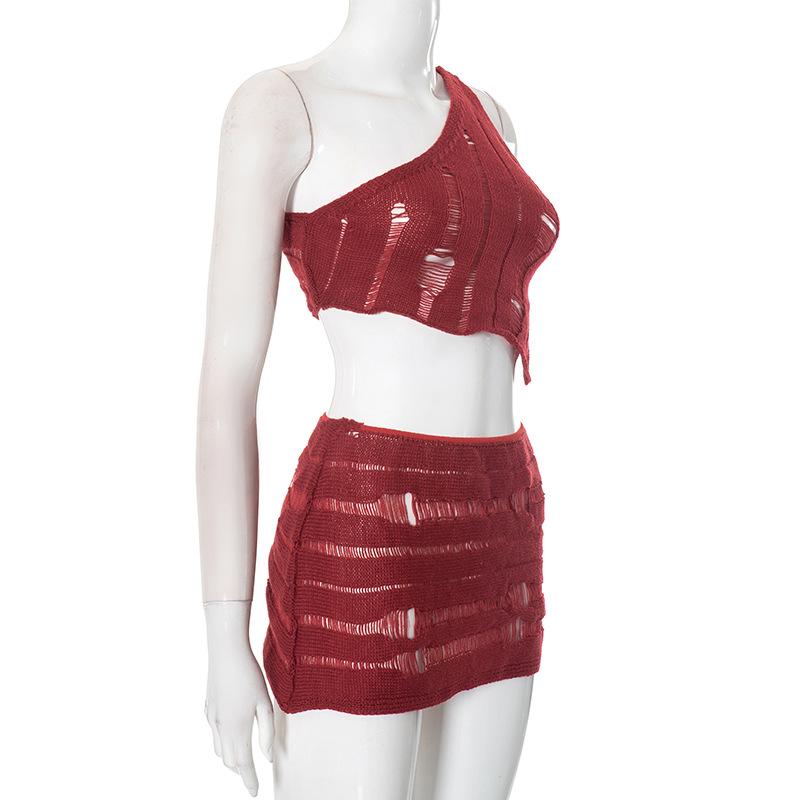 One shoulder irregular hollow out solid mini skirt set