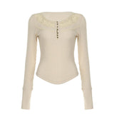 Round neck long sleeve lace ribbed solid top