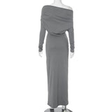 Long sleeve ruched one shoulder irregular maxi dress