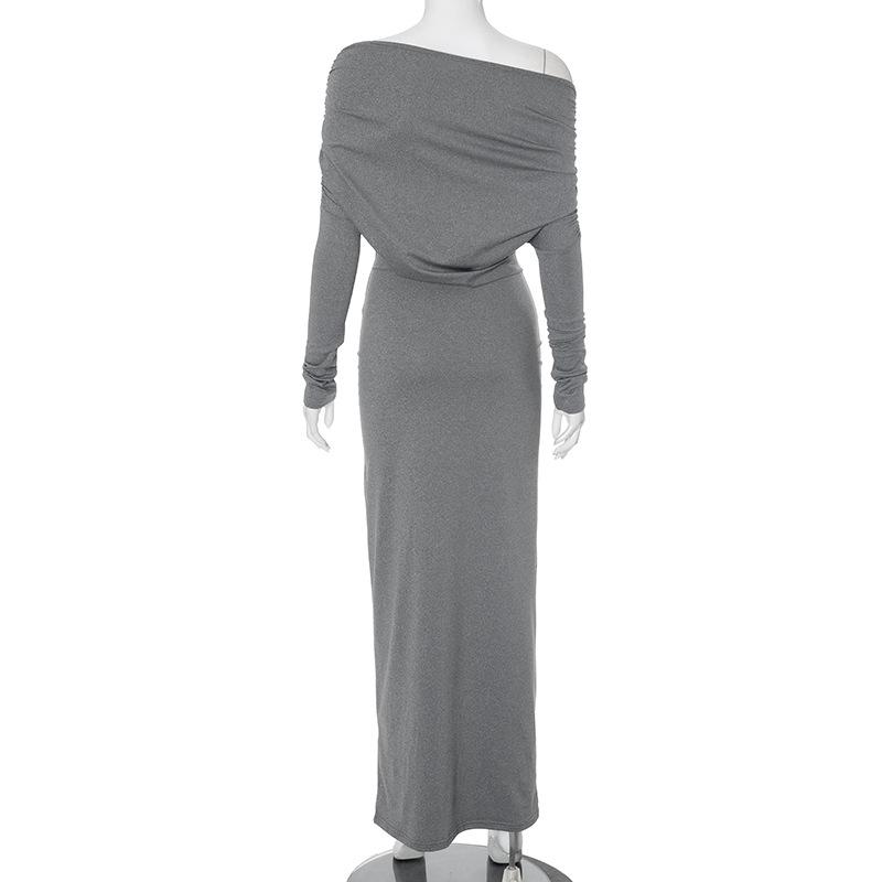 Long sleeve ruched one shoulder irregular maxi dress