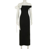 Bowknot off shoulder irregular contrast maxi dress
