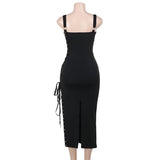 Square neck lace up ruched hollow out midi dress