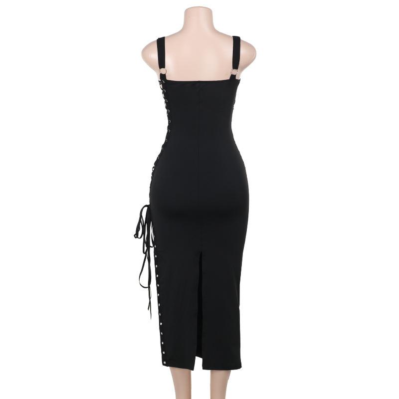 Square neck lace up ruched hollow out midi dress