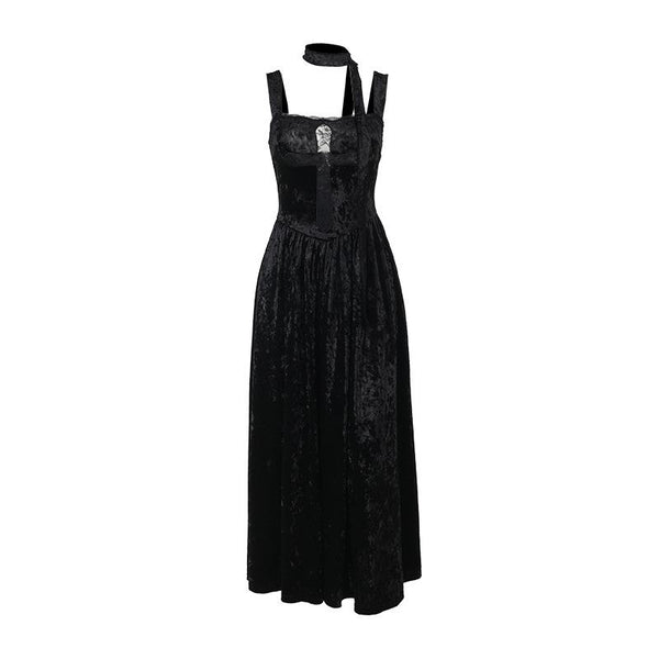 Robe longue en velours à ourlet en dentelle et col carré croisé 