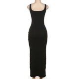 Vestido largo liso de corte bajo con parches de malla y cuello en V 