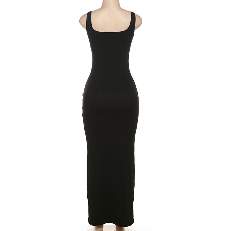 Vestido largo liso de corte bajo con parches de malla y cuello en V 