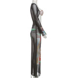 Long sleeve mesh hollow out print see through maxi dress