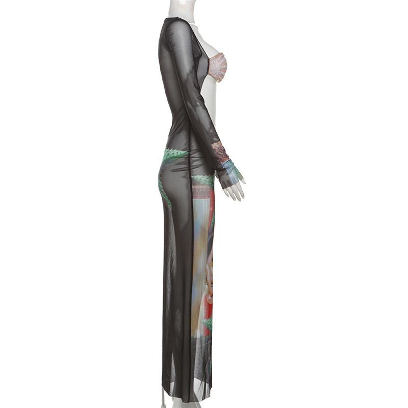 Long sleeve mesh hollow out print see through maxi dress