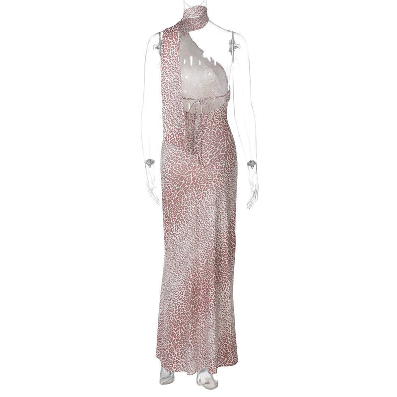 Irregular halter leopard print contrast maxi dress