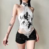 Top sin espalda con estampado de encaje y botones halter 