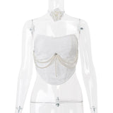 Top de tubo con apliques de flores, cordones y cuentas 