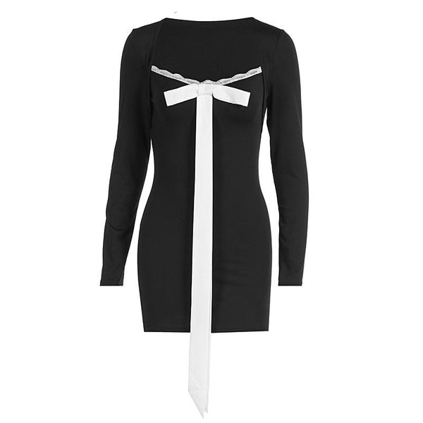 Mini-robe à manches longues et col en V avec ourlet en dentelle et nœud papillon 