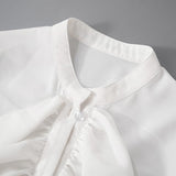 Long flared sleeve ruched ruffle button solid top