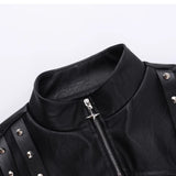 Zip-up long sleeve PU leather rivet applique hollow out top