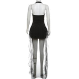 Halter hollow out ruffle mesh backless mini dress