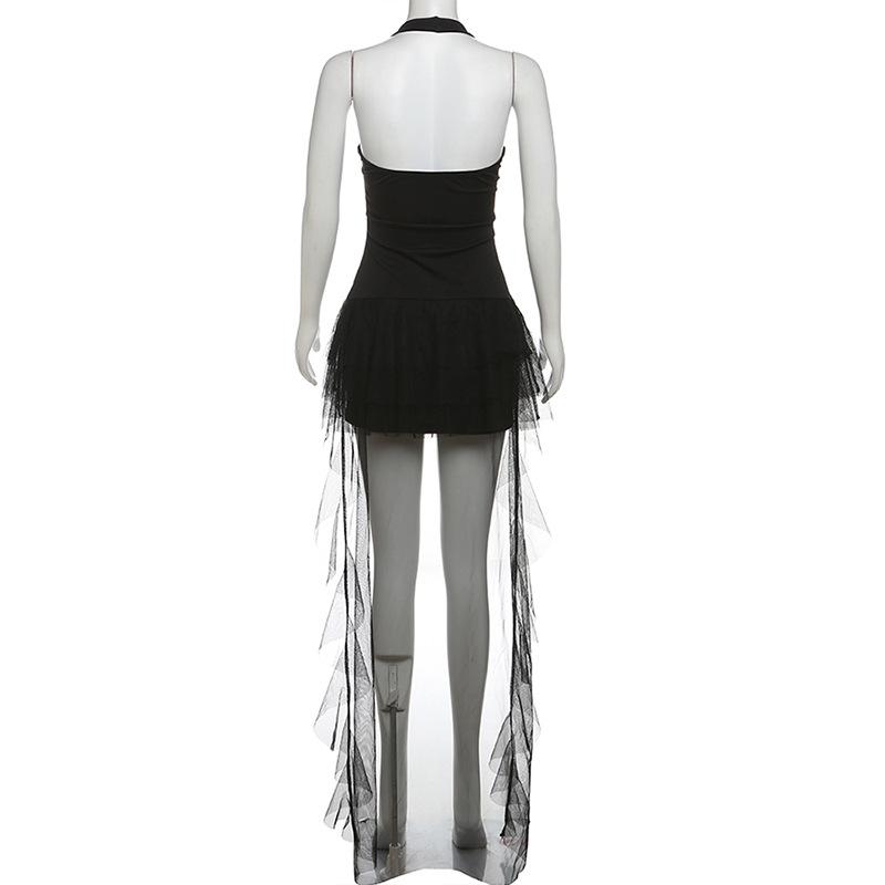 Halter hollow out ruffle mesh backless mini dress