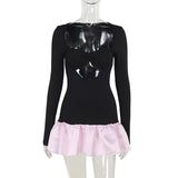 Long sleeve hollow out ribbed ruffle v neck mini dress