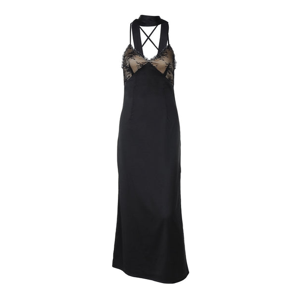 Robe longue camisole à ourlet en dentelle, col en V, fermeture éclair et dos croisé 