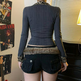Long sleeve leopard print turnover collar textured top