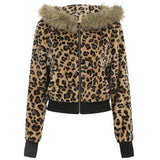 Long sleeve hoodie fluffy zip-up leopard print top