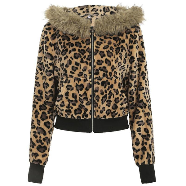Long sleeve hoodie fluffy zip-up leopard print top