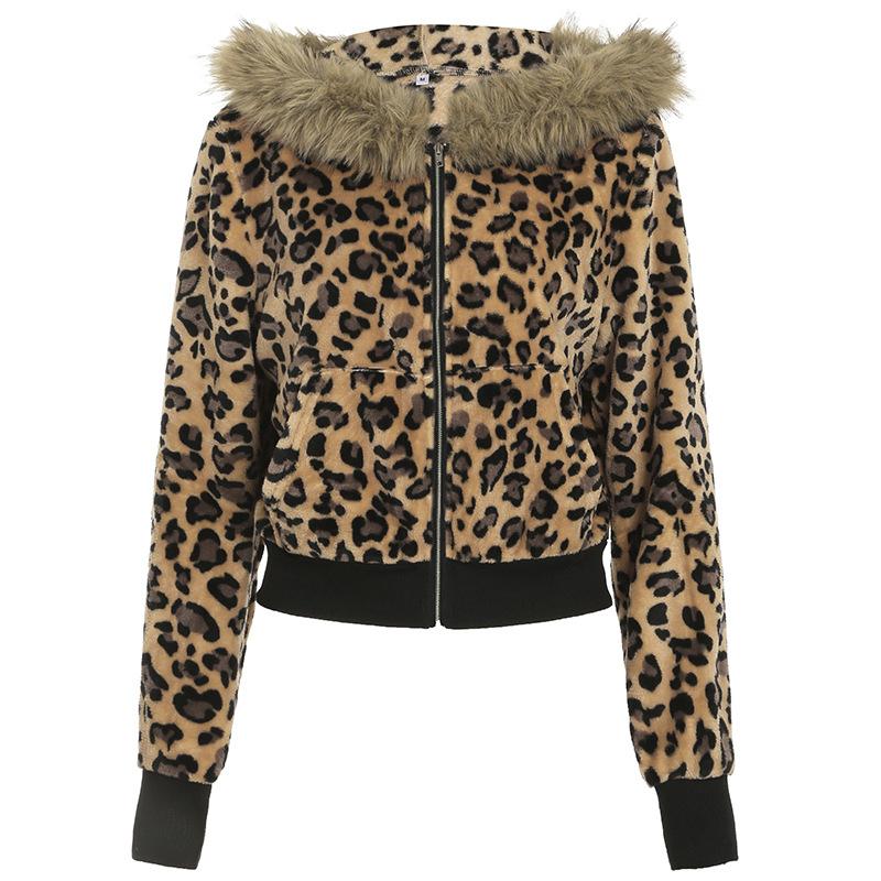Long sleeve hoodie fluffy zip-up leopard print top