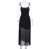 Vestido largo camisola sin espalda con cuentas y cuello en U de malla 