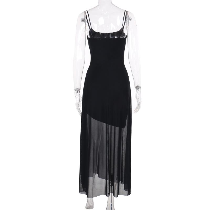 Vestido largo camisola sin espalda con cuentas y cuello en U de malla 