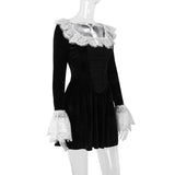 Minivestido de terciopelo con cremallera, dobladillo de encaje y mangas largas acampanadas 