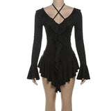 Vestido mini con volantes, cuello en V, manga larga acampanada y lazo anudado 