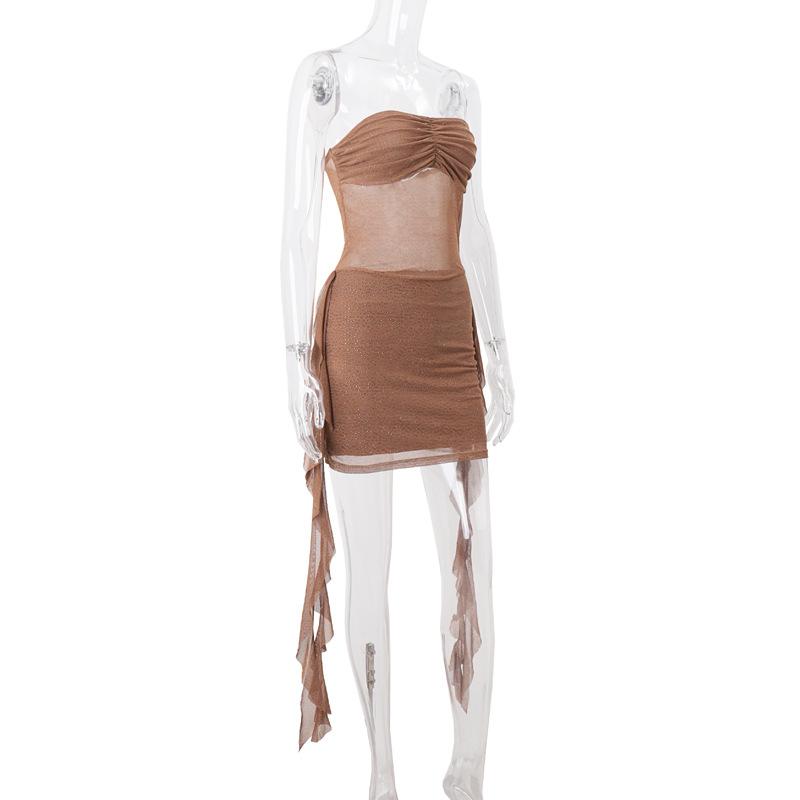 Ruched mesh beaded ruffle tube mini dress