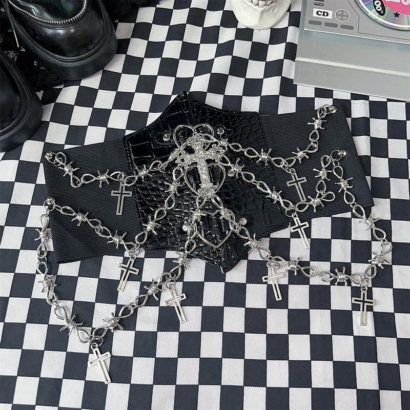 Corsé de cuero PU con apliques cruzados de cadena de metal 